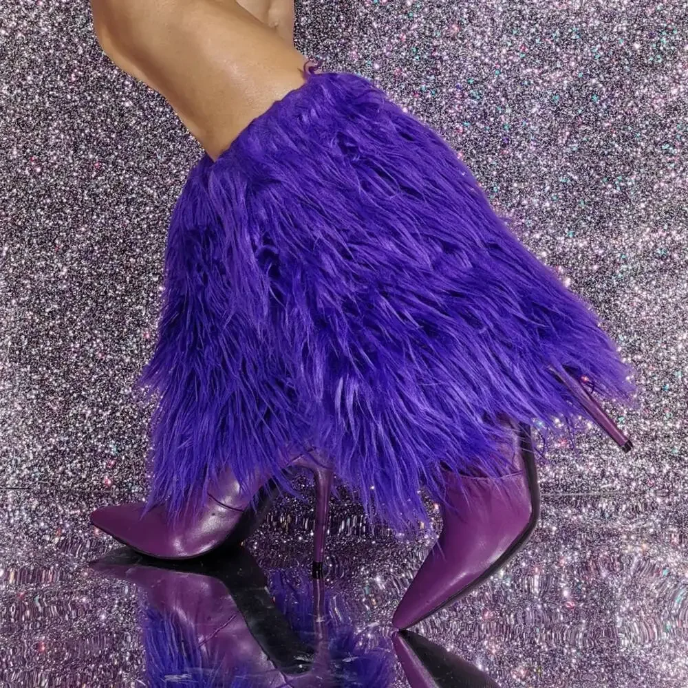 2026 New Fluffy Knee High Women Boots Pointed Toe Thin High Heel Fashion Catwalk Long Boots Black Hair Stage Party Boots