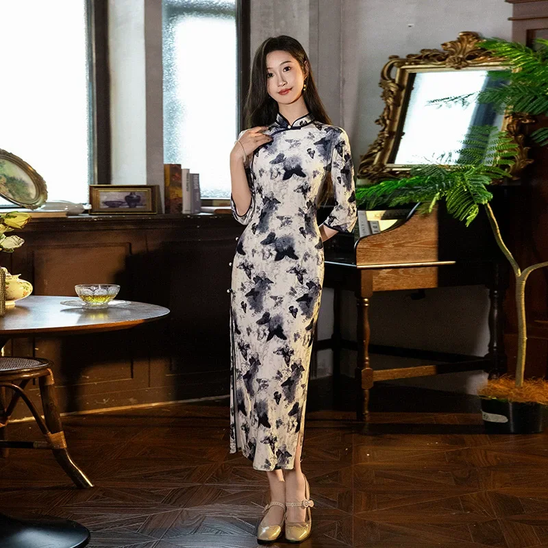

Элегантное женское платье Ципао с принтом бабочки в китайском традиционном стиле, новое улучшенное женское платье Ципао с воротником-стойкой и коротким рукавом