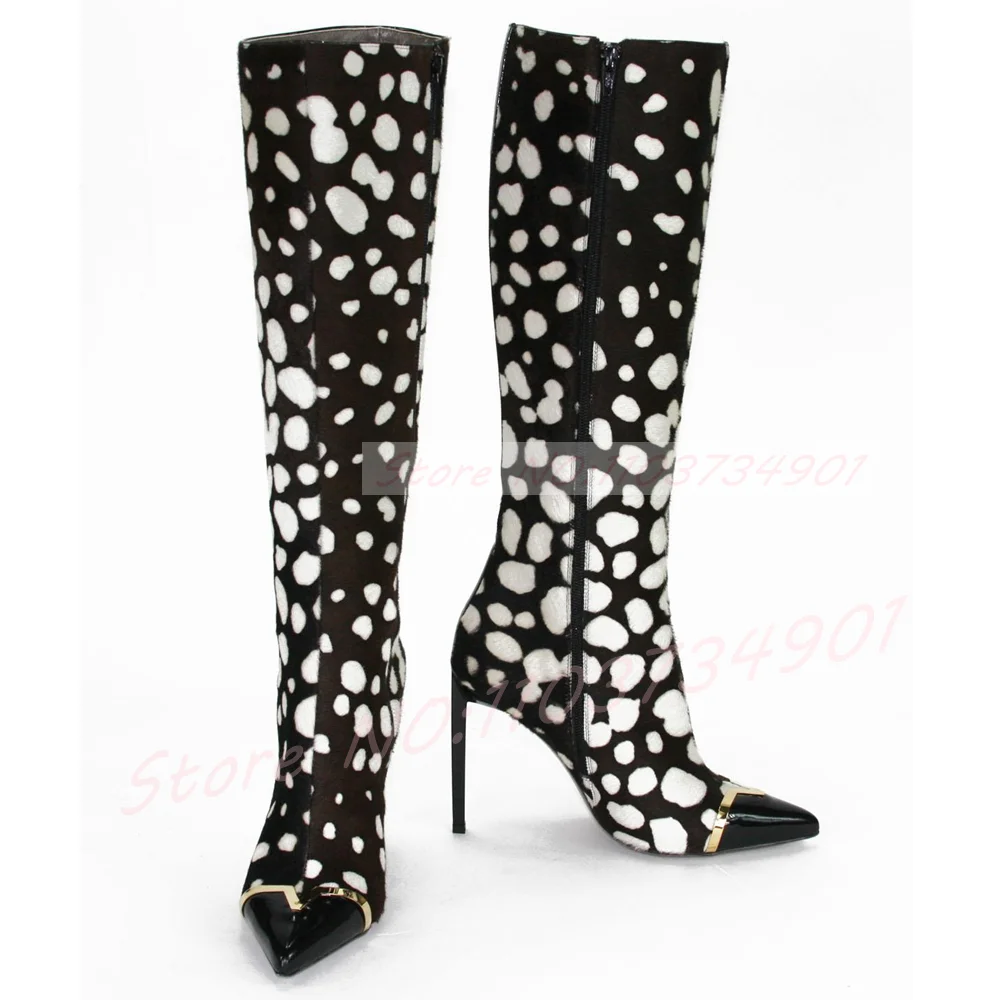 Polka Dots Animal Patterns Knee High Boots Women Suede Pointed Toe Patent Gold Decor Dalmatian Spot Boots Party High Heels Shoes