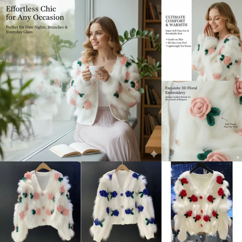 

Embroidery Rose Sweater Cardigan Women 3D Floral Knit Top Spring Autumn Winter Knitted Outerwear Casual Long Sleeve Jacket New