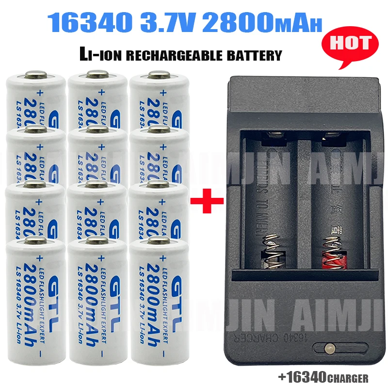 6/12PCS 16340 Rechargeable Batteries CR123A Battery 2800mAh 3.7V Li-ion With LCD Dual Charger Battery LED Flashlight Travel Wall