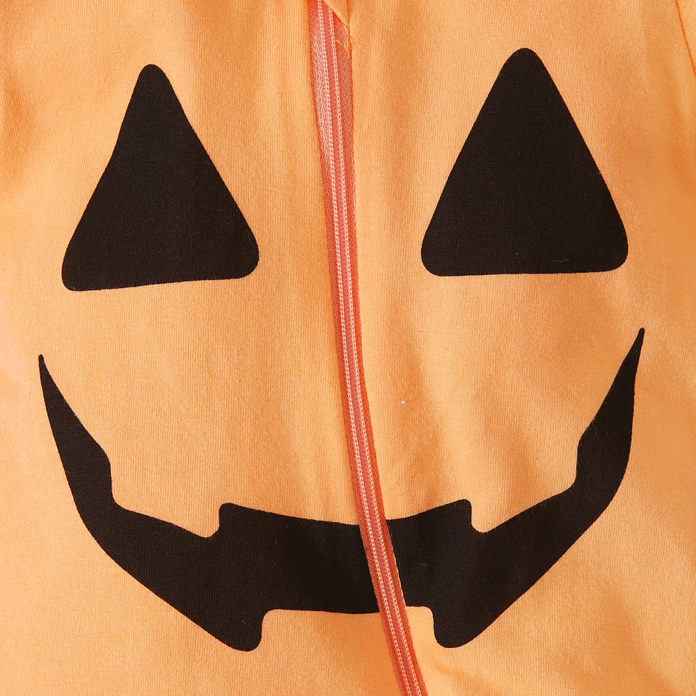 Boys and girls children\'s spring and autumn Halloween solid color pumpkin long-sleeved smiley face jumpsuit romper children&