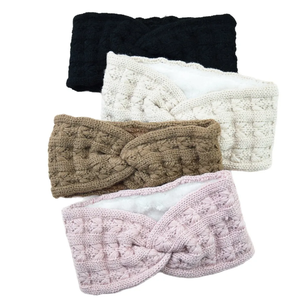 Herbst-Winter-Kreuzstrick-Stirnband, gehäkelter Turban, gestrickter Ohrenwärmer mit Samtfutter, Ohrenschützer, Strumpffüller für kaltes Wetter