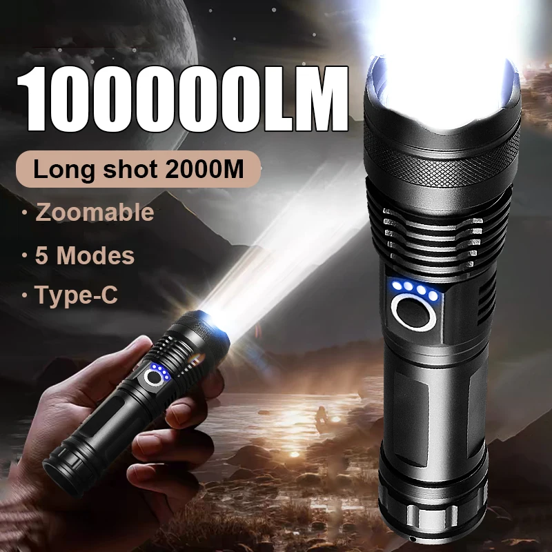 

100000 Lumens High Power LED Flashlight Rechargeable Flashlight XHP50 Tactical Flashlight Outdoor Camping Waterproof Lantern