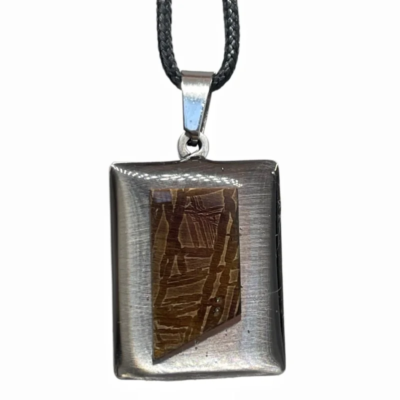 Natural Muonionalusta Meteorite Inlaid Pendant Necklace Widmanstatten Texture Stainless Steel Frame Jewelry LK638
