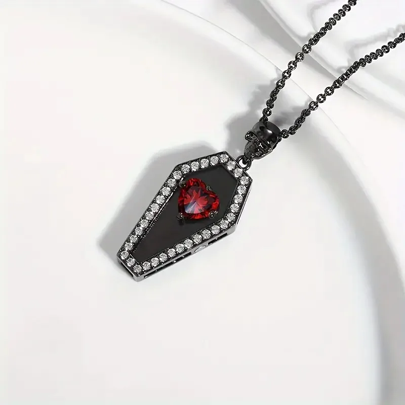 Vintage Gothic Coffin Pendant Necklace with Red Heart zirconia Skull Detail, Synthetic Stones, Copper Chain, Dark Plating - Vers