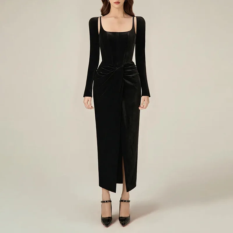 

French Style Socialite Dress Women 2025 New Elegant Square Neck Design Pleated Twist Solid Color Long Dress