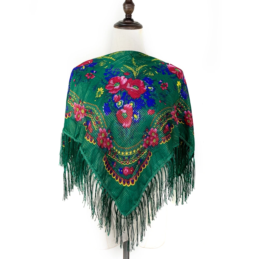 

Russian Natioanal Square Scarf Women Luxury Floral Print Fringed Bandana Shawl Pareo Lady Headband Scarves Babushka Head Wraps