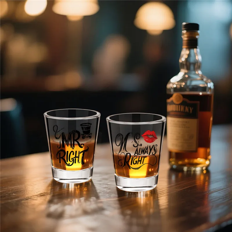 Funny Clear Couple Wine Cup 60ml/2oz Shot Glasses Ms Always Right Mr Right Design Cup Valentine's Day/Anniversary/Wedding Gift