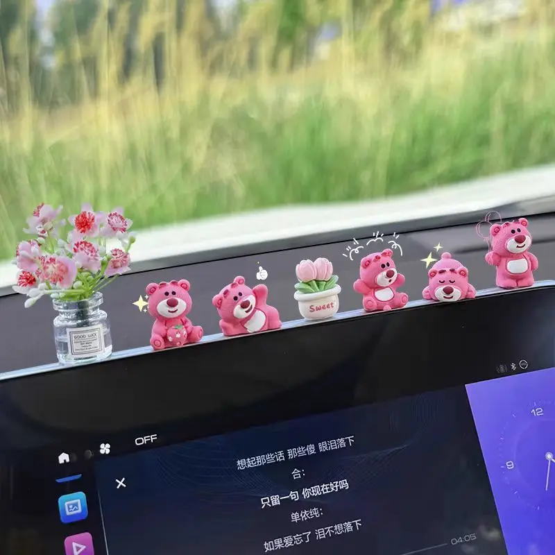 

Car Ornaments Cute Strawberry Bear Central Control Screen Decompression Small Doll Car Interior Accessories 2024 New Internet
