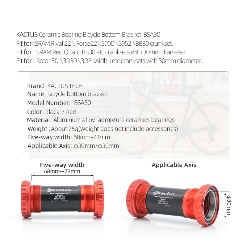 KACTUS BSA30 Bottom Bracket SKF Ceramic Bearing 30mm Central Movement Fit for SRAM Rival 22/ Force22/ S900/ S952/ BB30 Crankset