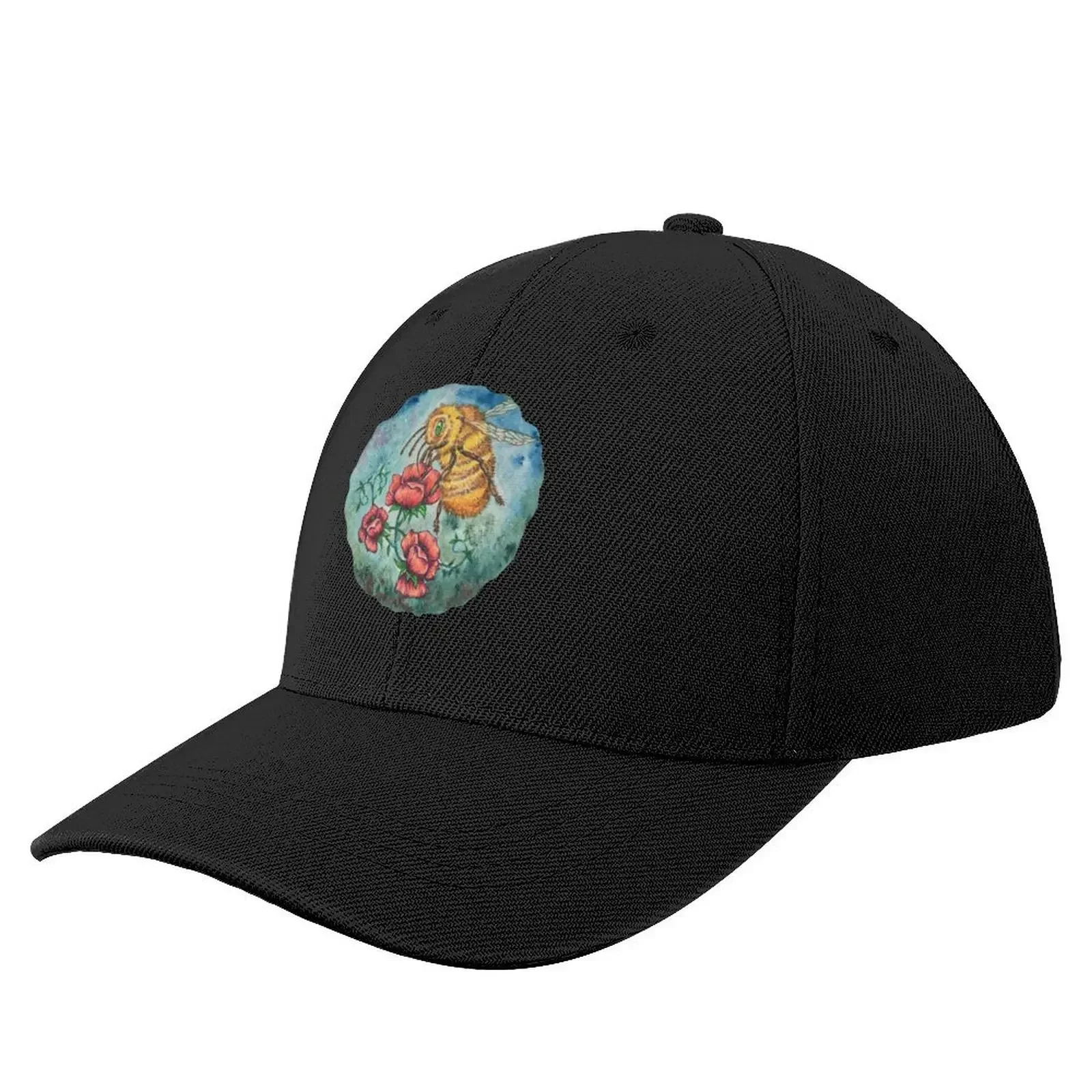 Watercolour bee collecting pollen from red flowers Baseball Cap fishing hat cute Mens Tennis Women's