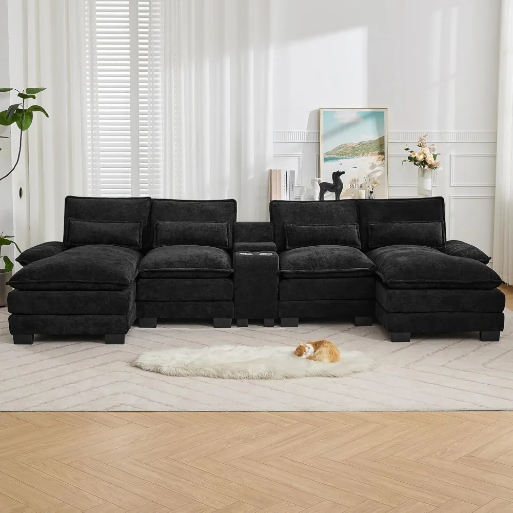 

125'' U Shaped Cloud Modular Sofa with Chaise Lounges, Chenille Upholstered Comfy Sectional Couch with Storage Console.