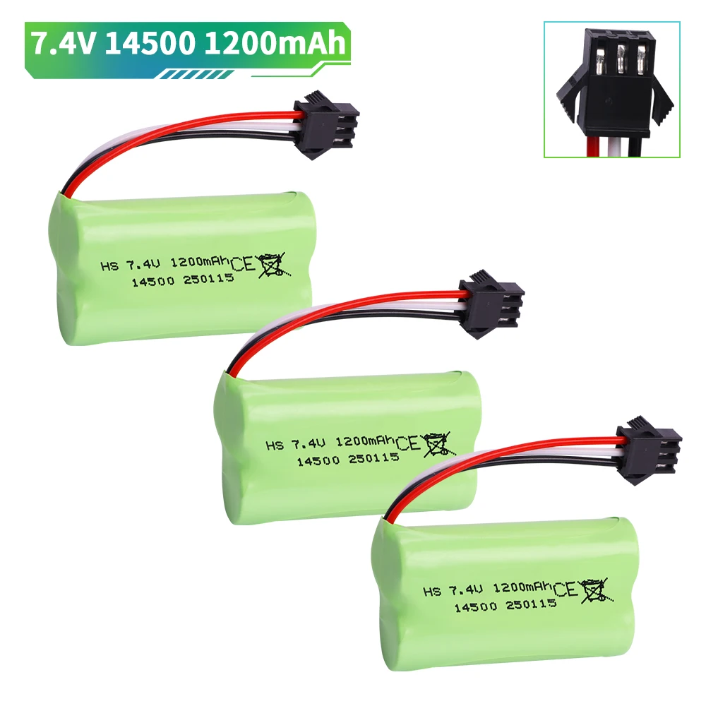 7.4V 14500 1200mAh Li-ion Battery SM-3P Plug For Remote Control water bullet gun Toys RC Parts 2S 7.4V Battery and USB Charger