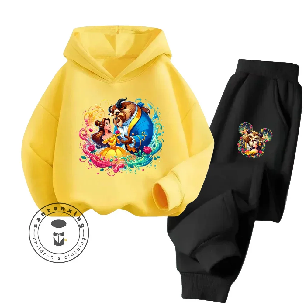 Cute Disney Cartoon Beauty and the Beast Outfit for Ages 3-14 Kids Lovely Kawaii Cartoon Prints Simple Chic Hoodie Tracksuit