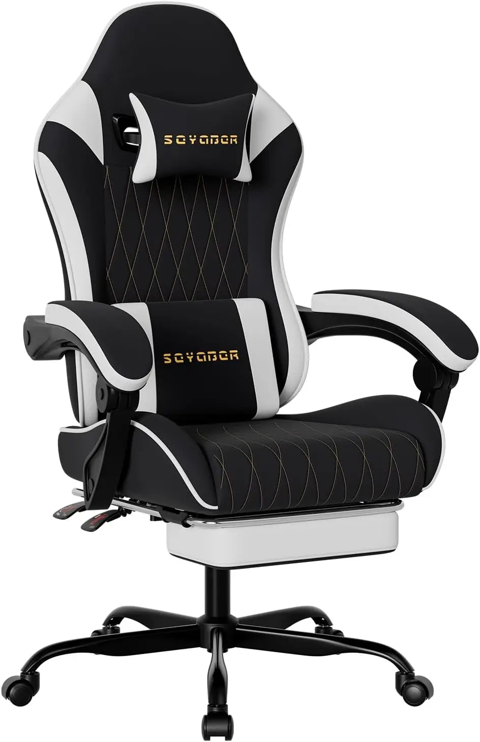 Breathable Fabric Gaming Chair with Footrest, Ergonomic High Back Computer Chair with Gold Diamond Stitching, Height Adjustable Swivel Office Chair with Lumbar Support for Adults,Blackwhite
