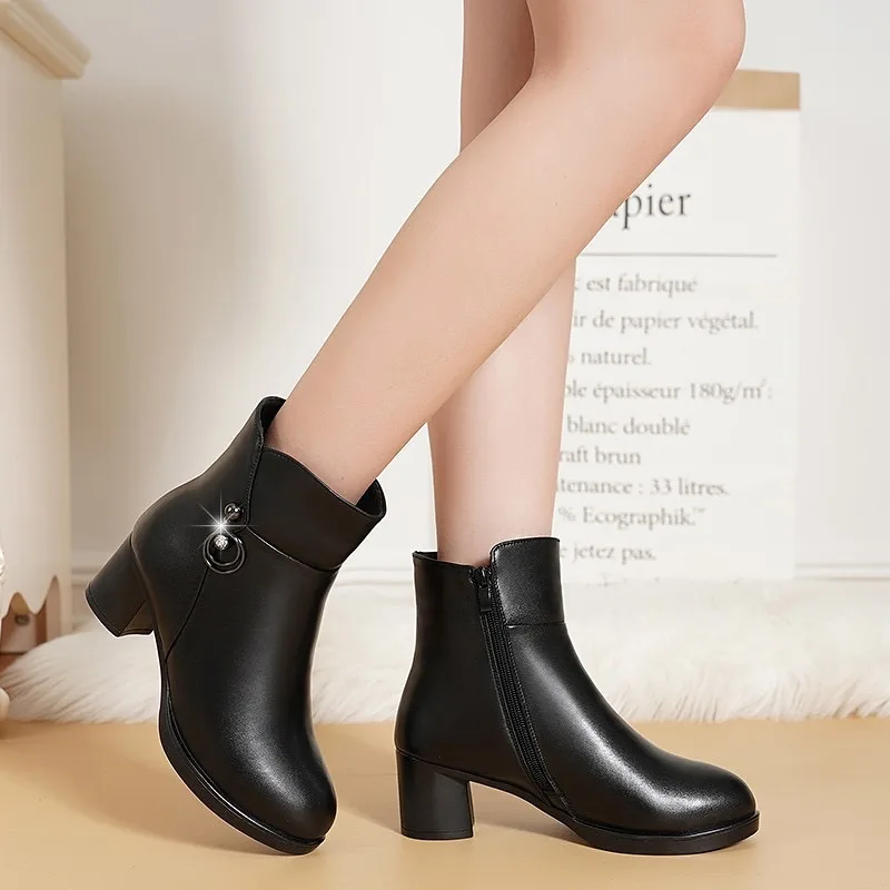 

2026Winter Women's Boots Fashion Casual Leather Boots Luxury Pointed Thick Heel Ankle Boots for Women Plush Warm Snow Boot Botas