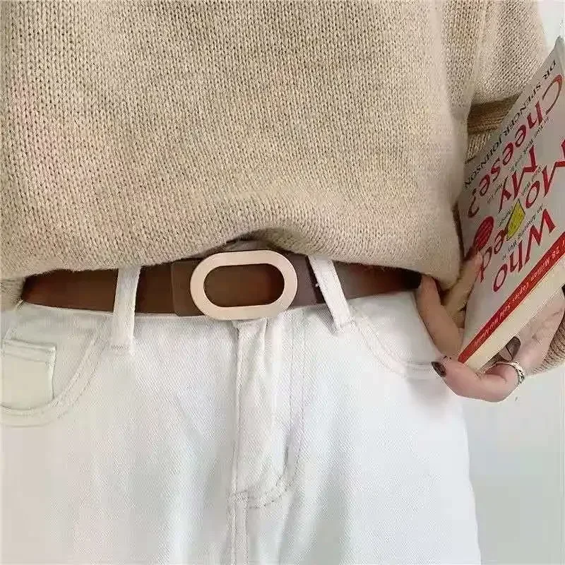 

Textured Oval Sand Nickel Snap Button Women's Belt Simple and Trendy Student Vintage Belt Women's Decorative Jeans Belt