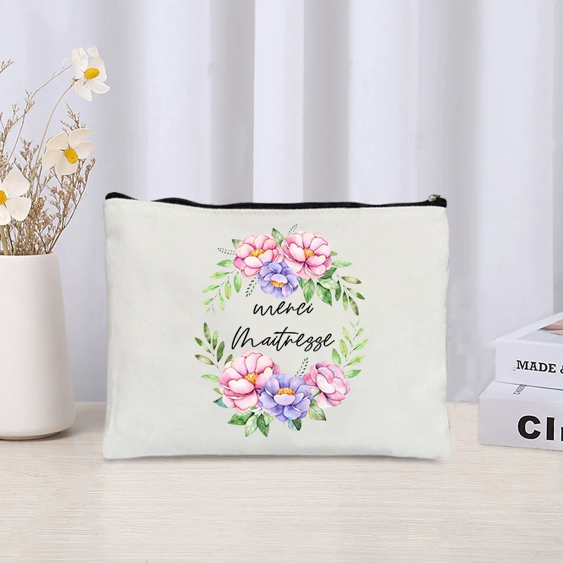 Merci-estuche de cosméticos francés con diseño de aro Floral, bolsa de maquillaje con cremallera, bolsa de almacenamiento de viaje portátil, los mejores regalos para profesores