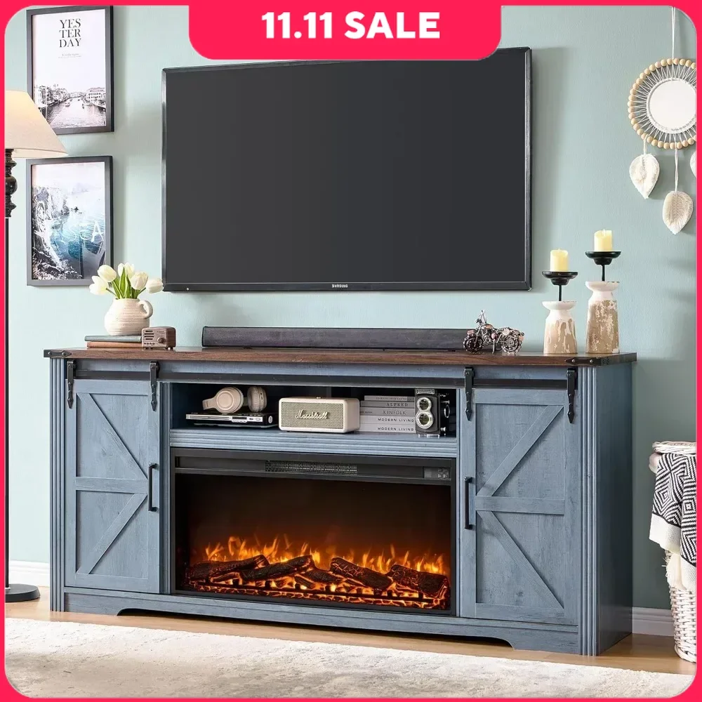 Fireplace TV Stand for 80 Inch TVs Modern Media Console with Sliding Barn Door & Storage Drawers  36