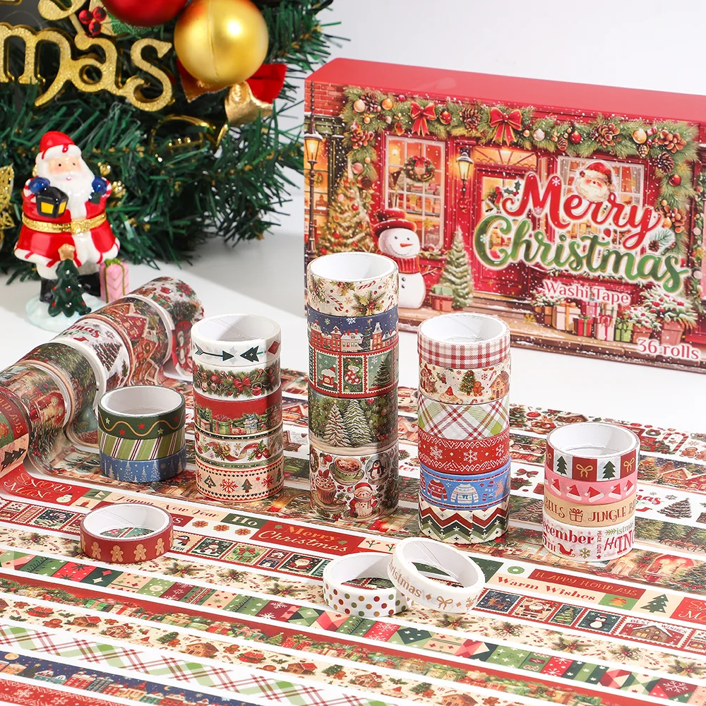 36 Rolls Christmas Washi Tape Santa Snowman Gnome Reindeer 2m/Roll for Crafts Gift Wrap Journaling Holiday DIY Christmas Decor