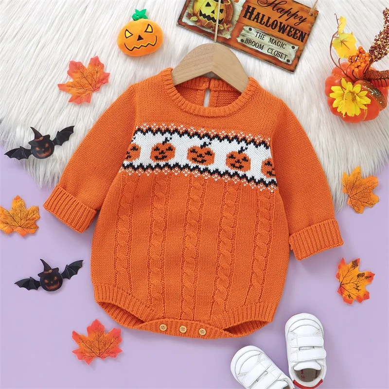 

Suefunskry Baby Halloween Sweater Romper Pumpkin Cable Knitted Long Sleeve Round Neck Ribbed Pullover Jumpsuits