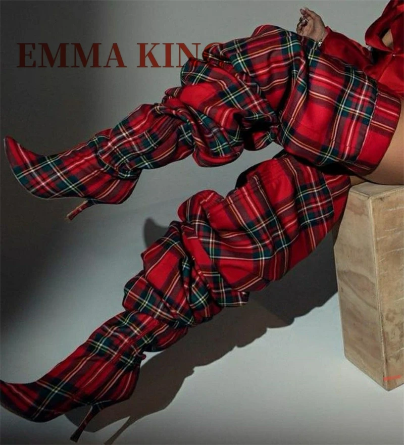 

Women Plaid Thigh High Boots Red Grid Cloth Loose Boots British Style Shoes Over The Knee Boots Pointy Toe Size Zipper Shoes