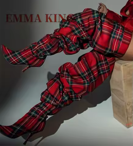 Women Plaid Thigh High Boots Red Grid Cloth Loose Boots British Style Shoes Over The Knee Boots Pointy Toe Size Zipper Shoes