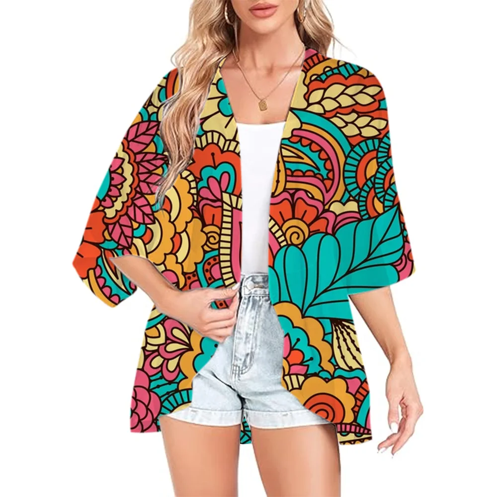 2024 Cardigans Women Beach Tops Fashion Middle Sleeve Printed Chiffon Loose Easy Coats Large Size Thin Coats Beach Cover Ups