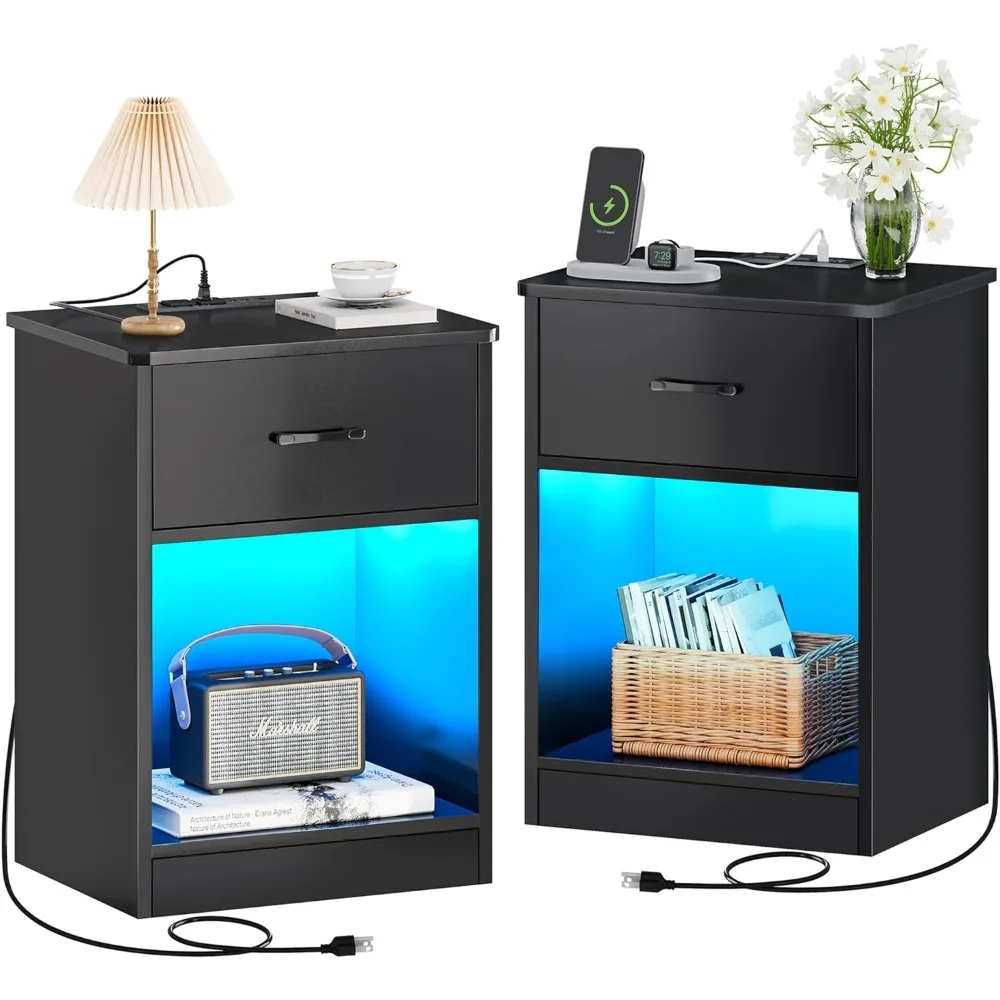 

Nightstands Set of 2 Night Stands with Charging Station & LED Light Strips Bedside Tables with Drawer Side Tables Bedroom