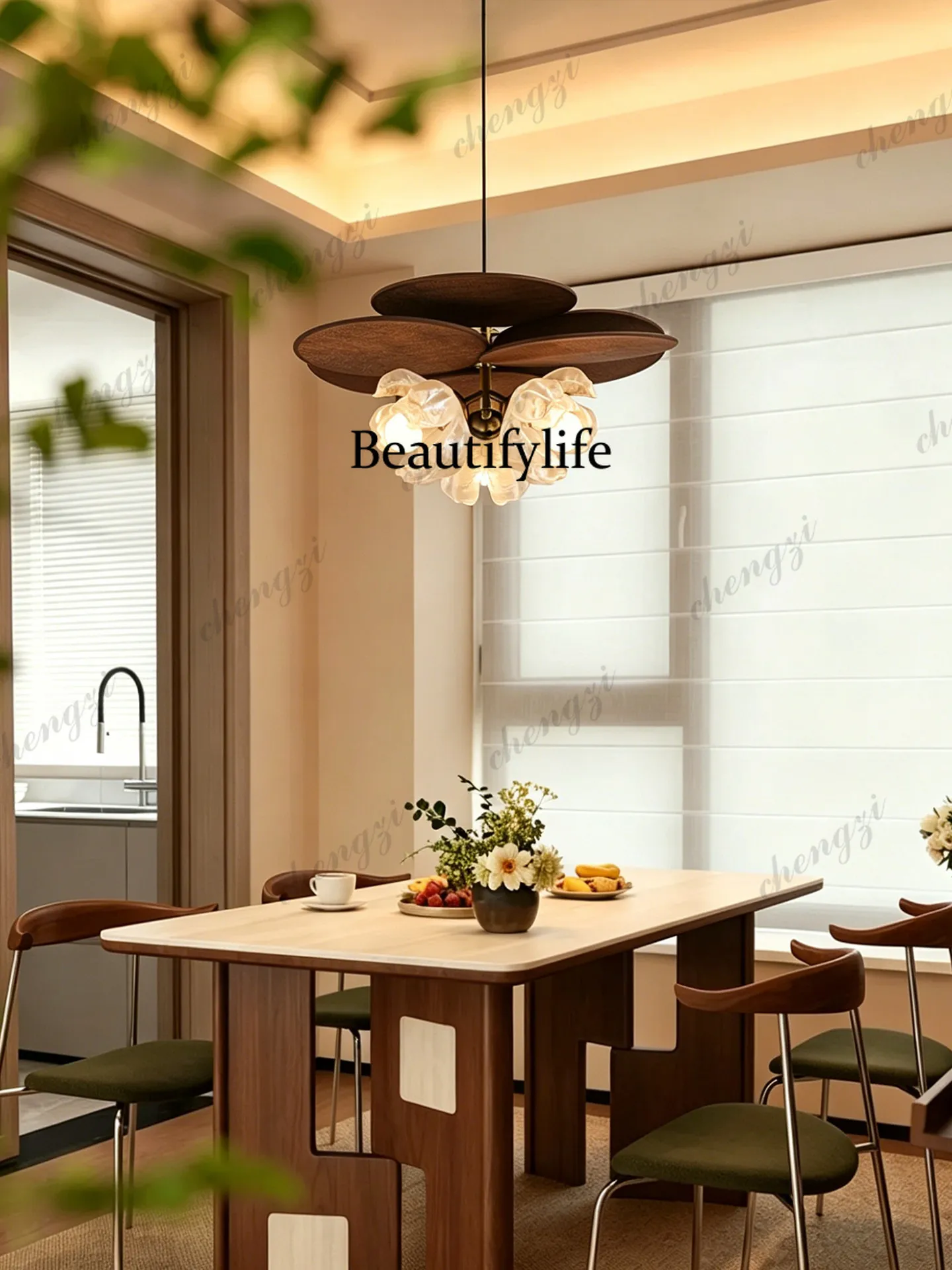 Medieval restaurant chandelier retro walnut color raffia rattan design petal wabi sandy wind B & B