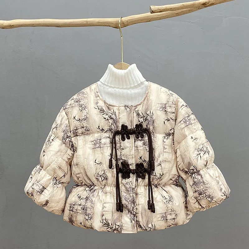 2025 شتاء دافئ موضة 2 3 4 5 6 8 سنوات الأطفال سماكة بطة أسفل ريشة نبات كامل طباعة الاطفال طفل الفتيات سترة معطف