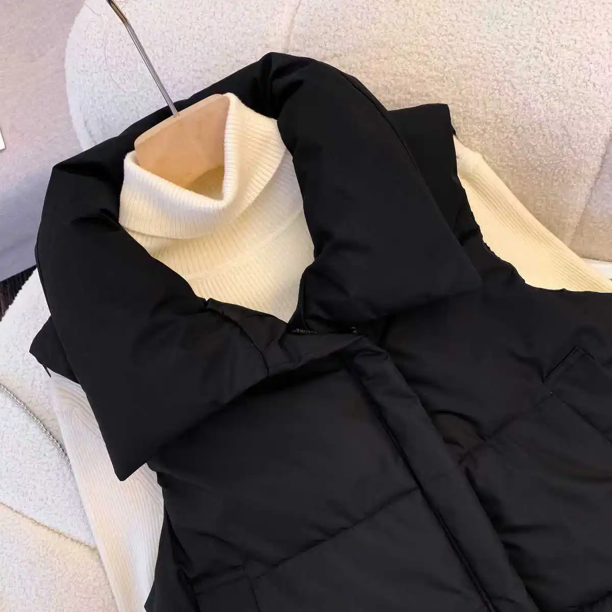 Übergroße Baumwollweste mit Reißverschluss, lockere Damenweste für Herbst und Winter, lässige Weste, ärmellose Kleidung, einfarbige Basic-Jacke, Oberteil – Detail 9