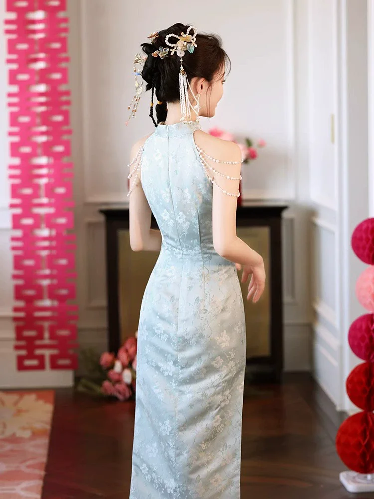 الأزرق المطبوعة شيونغسام التقليدية اليوسفي طوق خمر تشيباو مثير رائعة حفل زفاف ثوب النمط الصيني اللباس #5
