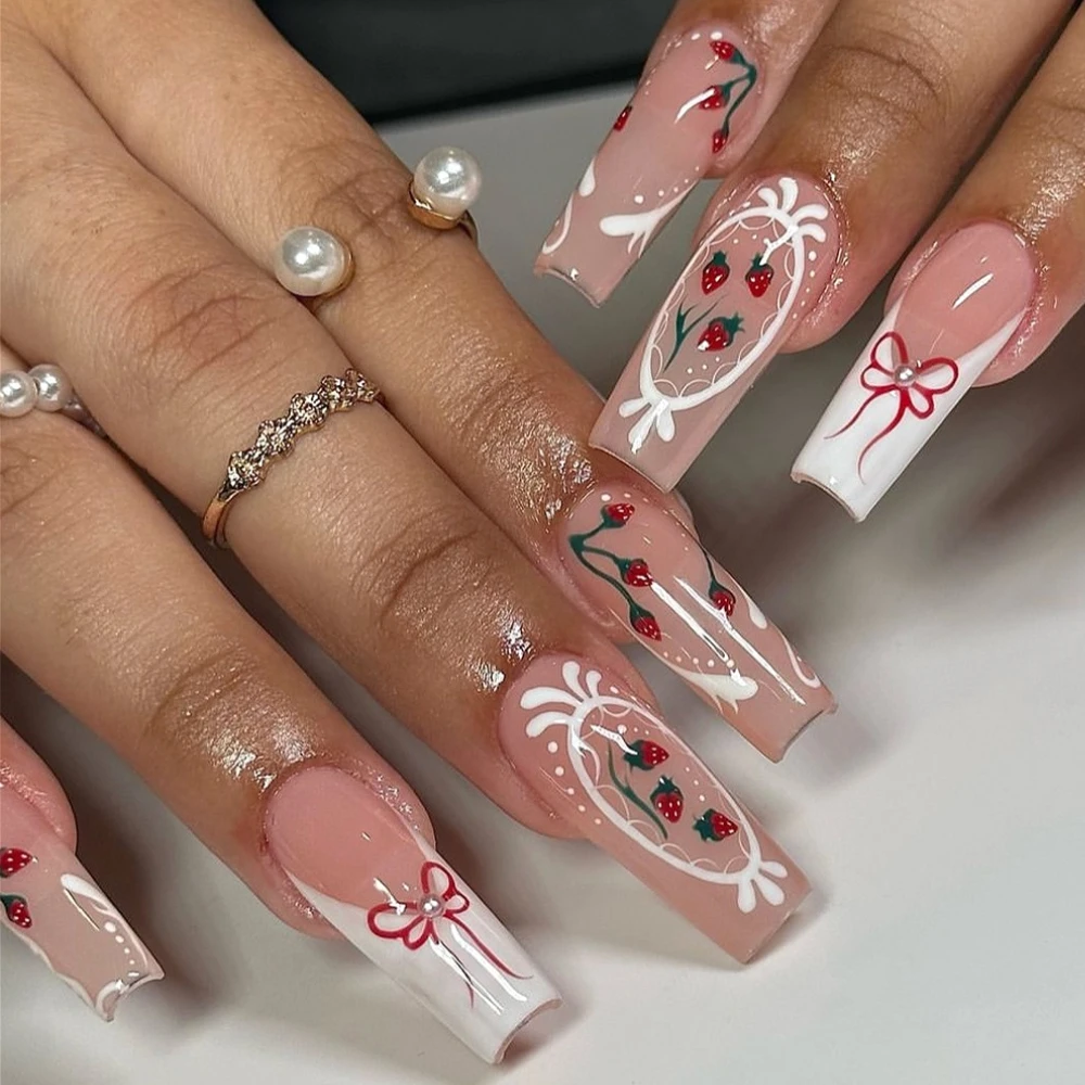 

Red Strawberry Pearl Bowknot White French Nail Art Sweet Cute Wearable False Nails Detachable Finished Fake Nails Press on Nails