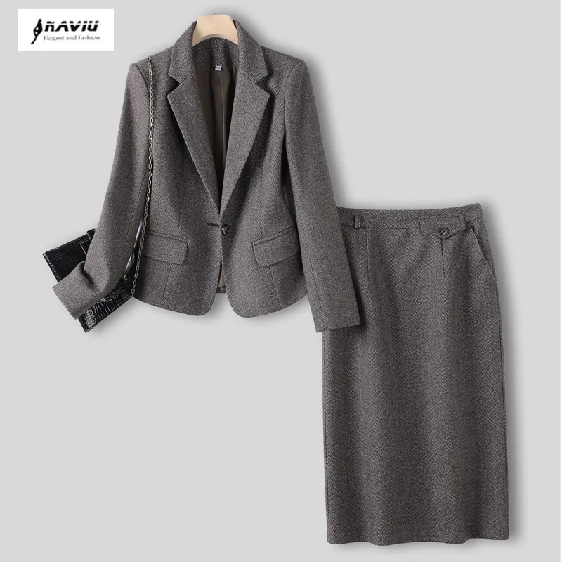 

NAVIU Gray 2 Piece Set Woolen Blazer And Skirt For Women Knee Length Skirt And Jacket Suit Korean Formal Office Uniform Winter