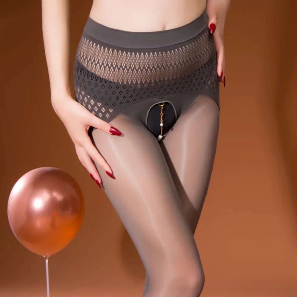 

Womens Seamless Open Crotch Pantyhose With Bead Chain Hollow Out High Waist Crotchless Tights Legging
