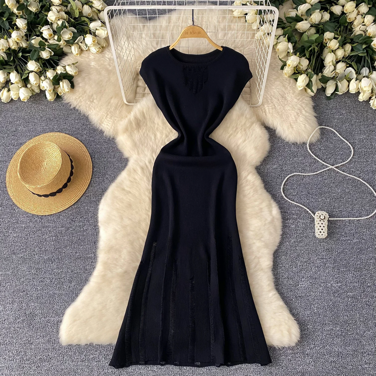 Abito vintage senza maniche o collo a righe in maglia tagliata coreano Sexy Chic elegante Party Summer Slim Women dresses