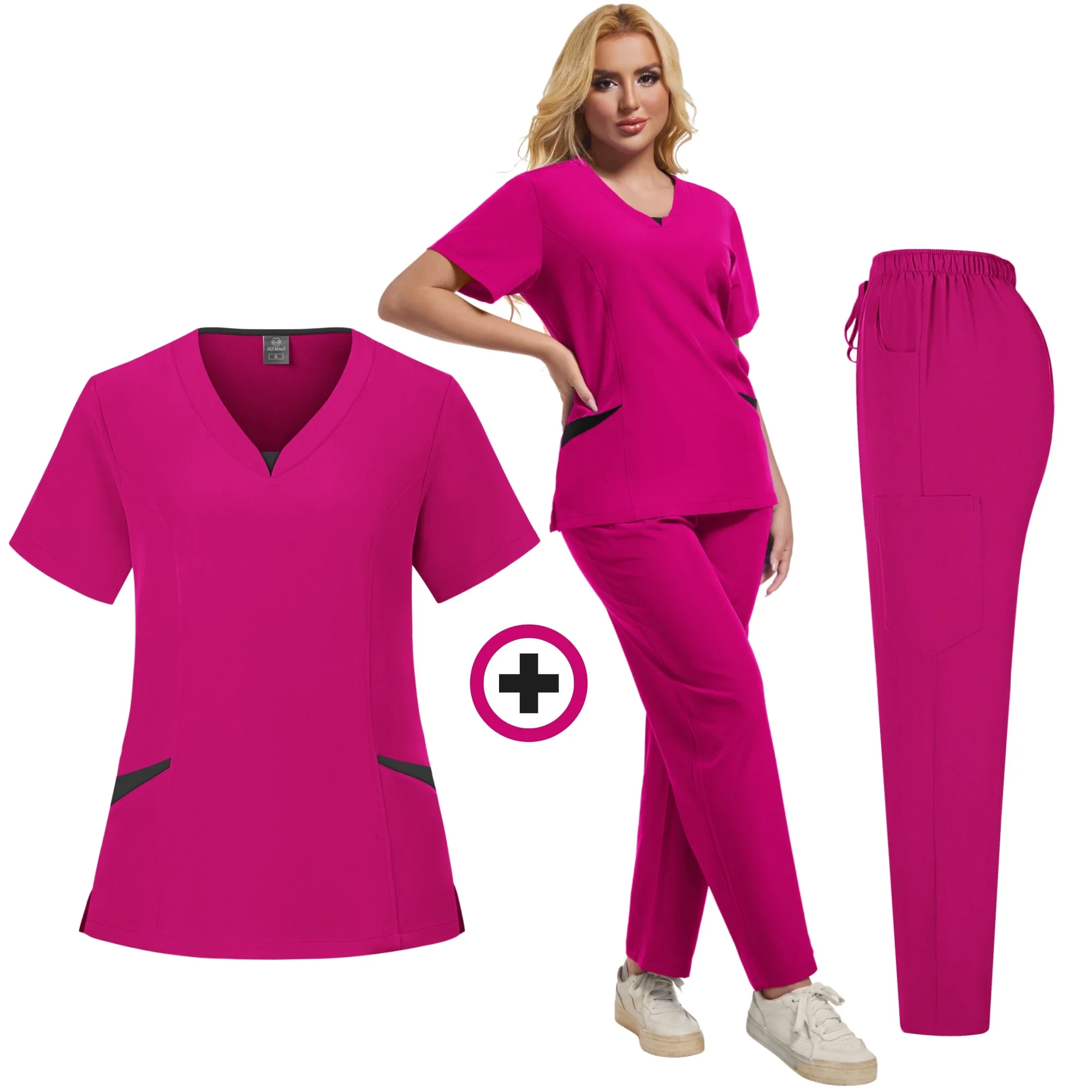 Nova mulher médica cirúrgica enfermeira uniformes esfrega conjunto salão de beleza workwear clínico esfrega topo + calças médico enfermagem túnica terno