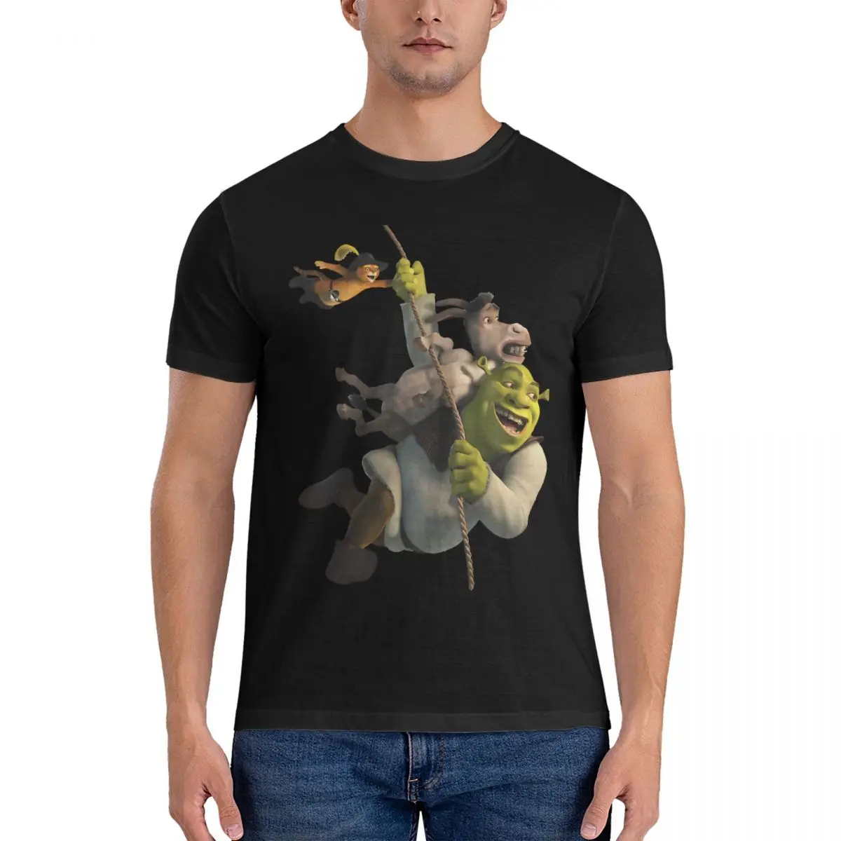 Donkey And Puss In Boots From Movie T-Shirts for Men Shrek Vintage 100% Cotton Tee Shirt Crew Neck Short Sleeve T Shirts Gift