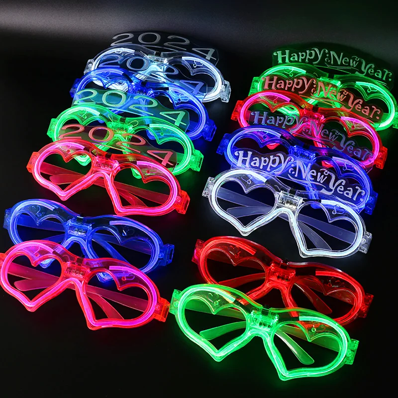 2024 New LED Light-emitting Loving Glasses Happy New Year Party Flash Glasses Toys Dress Up Props Multiple Styles Available