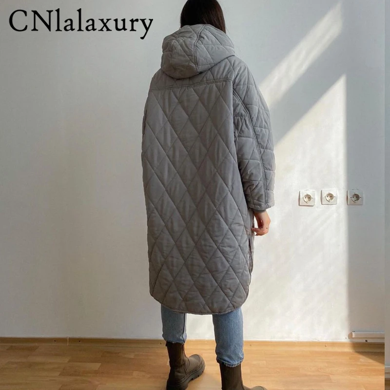 CNlalaxury 2022 New Winter Women Oversize Vintage Plaid Hooded Long Parkas Casual Pockets Cotton Jackets Coat Female Outwear