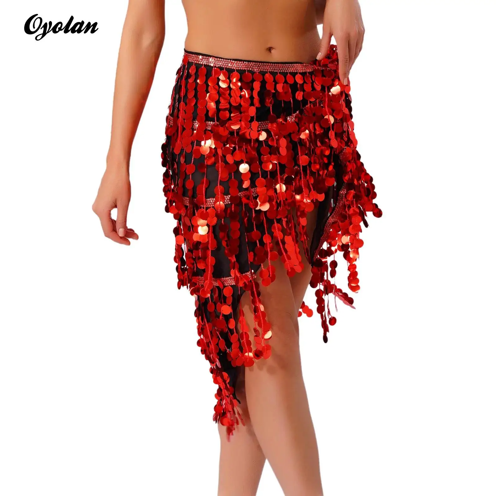 Costume da donna per performance di danza latina del ventre, maglia trasparente con nappe con paillettes scintillanti, sciarpa a triangolo con lacci, catena in vita