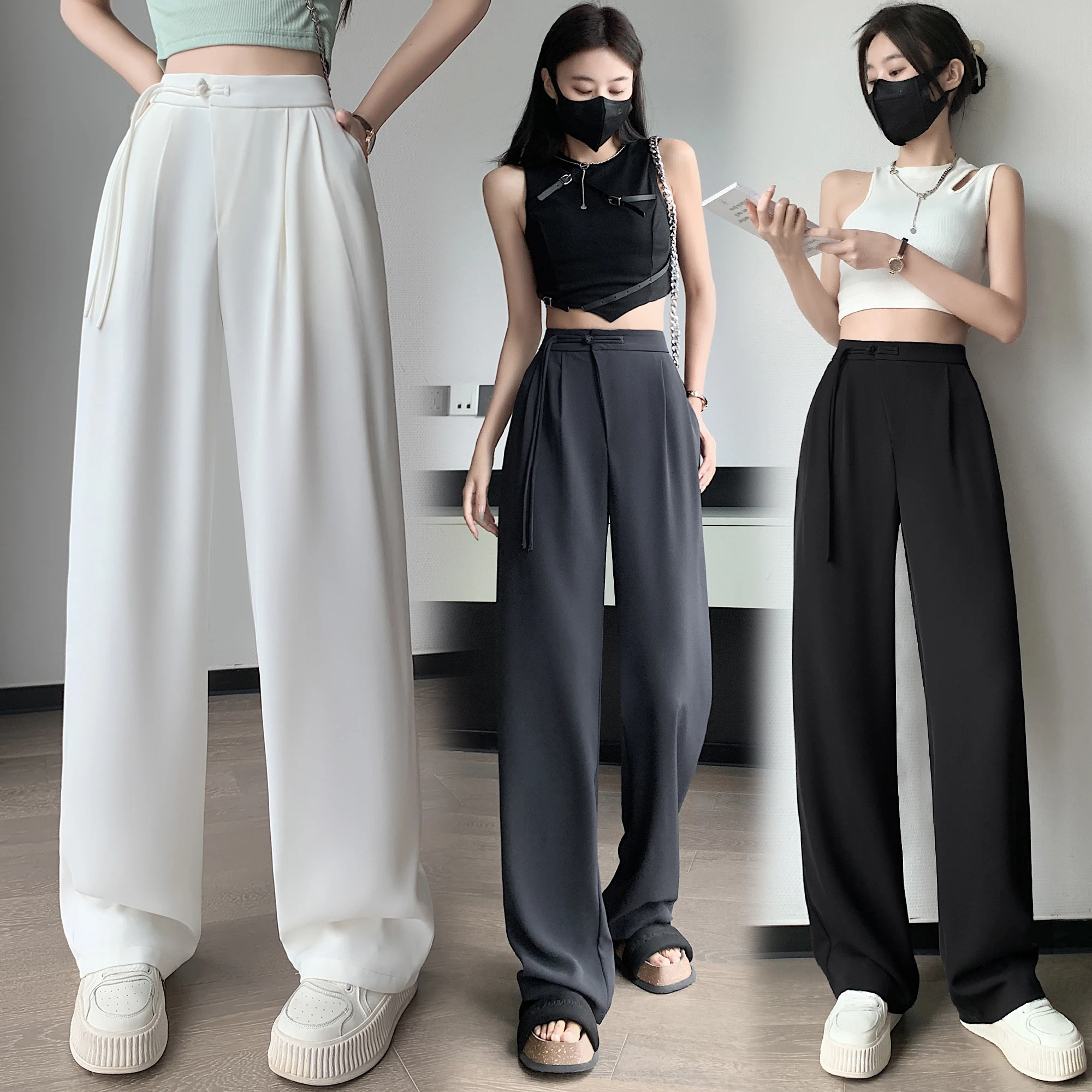 

Women’s Wide Leg Pants Women Korean Style High Waist Black Trouser Office Ladies Fashion Loose Grey Suit Trousers Streetwear