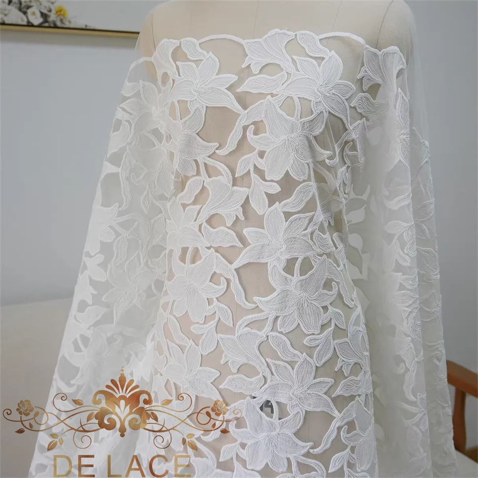 JZQ Delicate Flowery Embroidered Lace Corded Fabric Wedding Dress Fabric with New Style Mesh Embroidered Flower Lace
