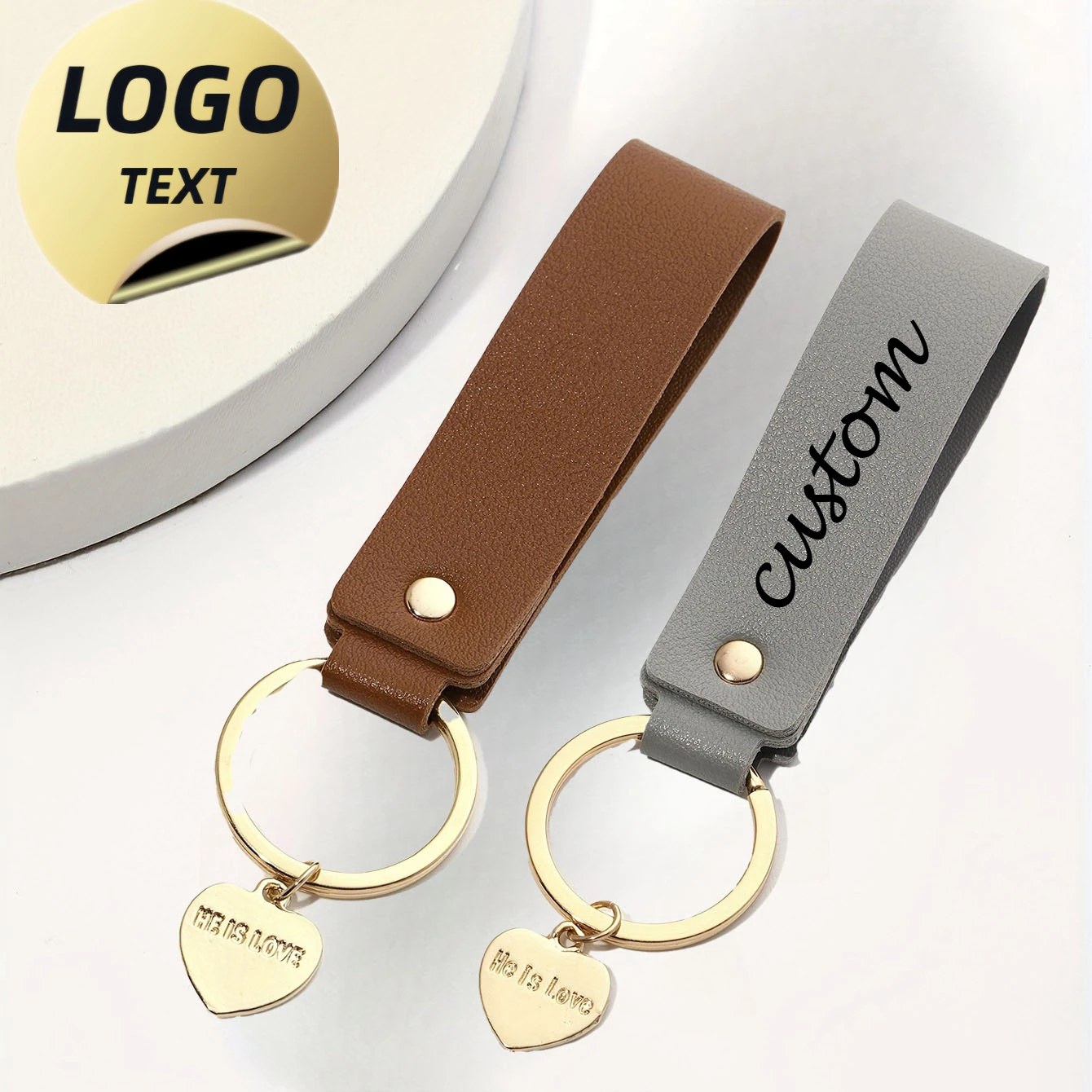 Laser Customized Logo PU Keychain PU Leather Heart Metal Personalize Holder Car Key Chain Blank for Hotel Company Number Keyring