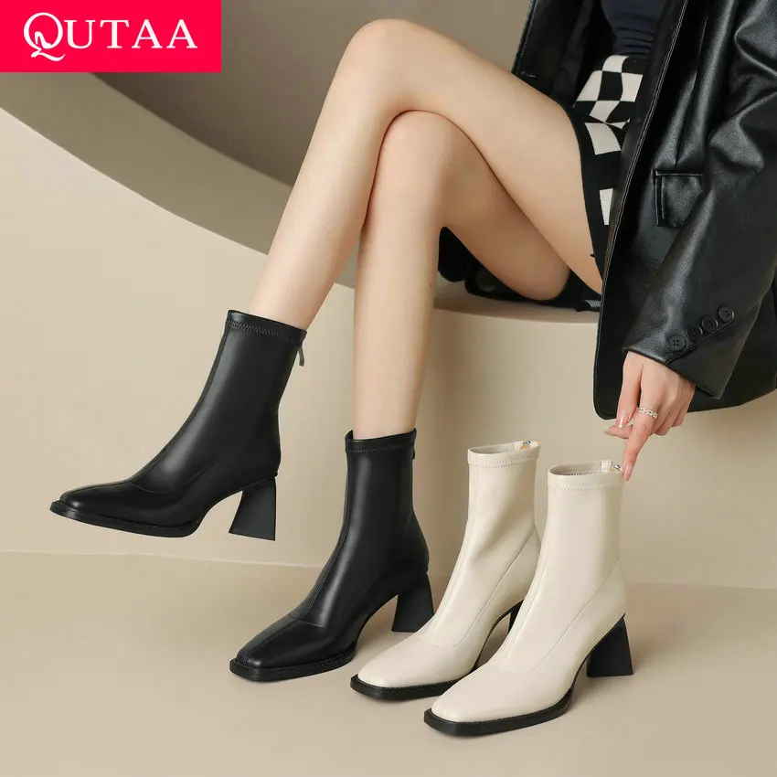 

QUTAA/2024 г. Повседневные женские ботильоны для отдыха эластичная обувь на платформе, на молнии, на толстом высоком каблуке новые женские размеры 34-42