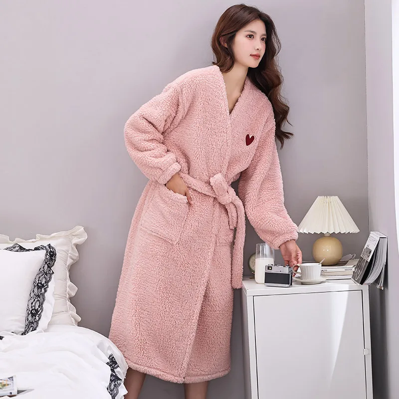 

Pink Coral Fleece Robe Winter Sleepwear Women's Home Clothes Casual Bathrobe With Pockets And Waist Belt Warmth And Comfort