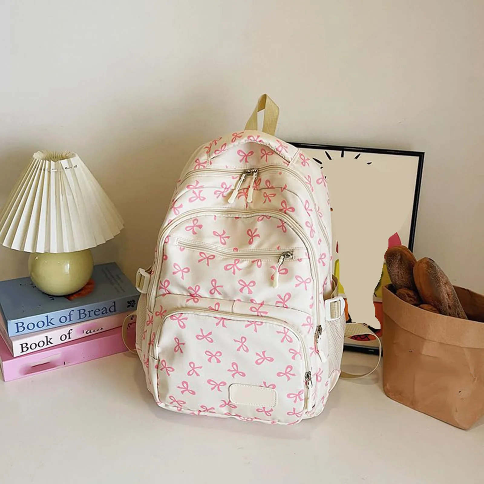 حقيبة ظهر نسائية كورية عصرية مطبوعة بفيونكة خفيفة الوزن وبسيطة حقيبة مدرسية للطلاب قابلة للتعديل طقم حقيبة نسائية مكون من ثلاث قطع