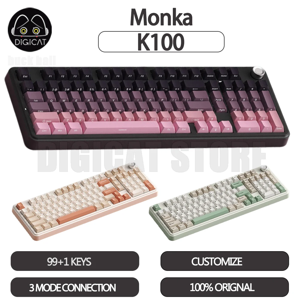 Monka K100 Mechanical Gamer Keyboard 3Mode USB/2.4G/Bluetooth Wireless Keyboard RGB Keycaps PBT Customized Gaming Keyboard Gifts